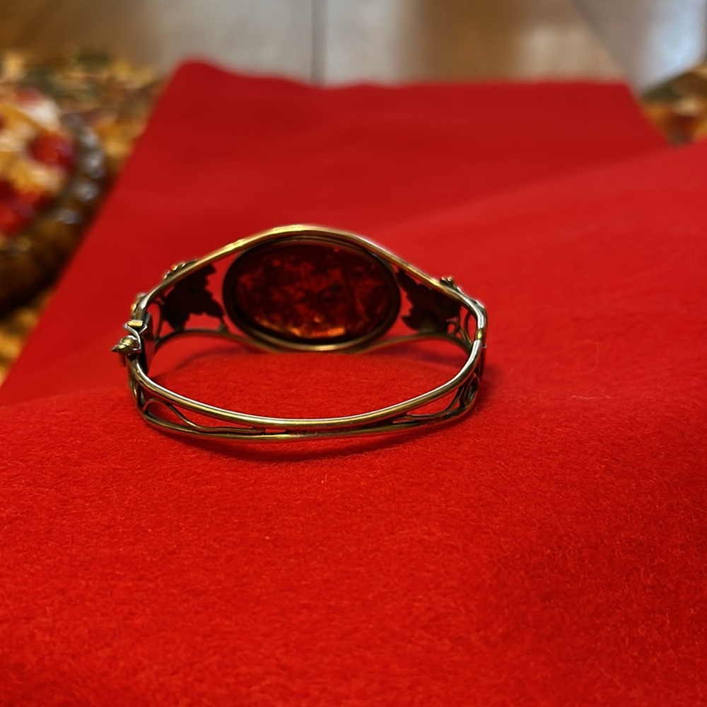 Women’s Beautiful Vintage LargeOval Baltic Orange Amber Cabochan Set SS Bracelet - Picture 3 of 9